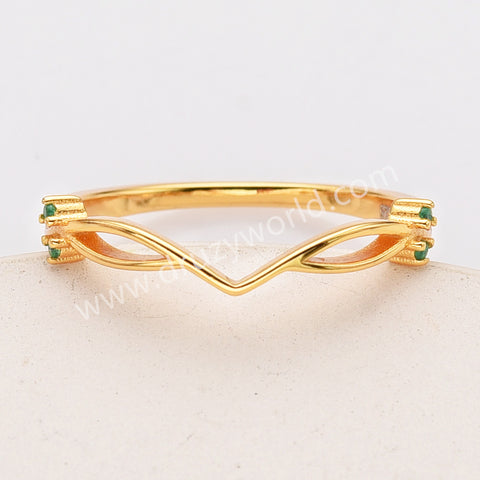 925 Sterling Silver 18K Gold Green Zircon V-Shaped Ring SS280-3