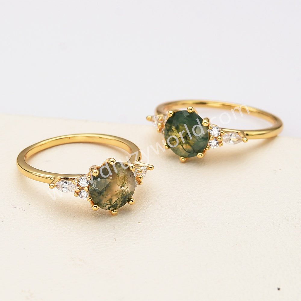 925 Sterling Silver Round Moss Agate Faceted CZ Ring, 18k Gold Plated SS281-1