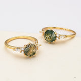 925 Sterling Silver Round Moss Agate Faceted CZ Ring, 18k Gold Plated SS281-1