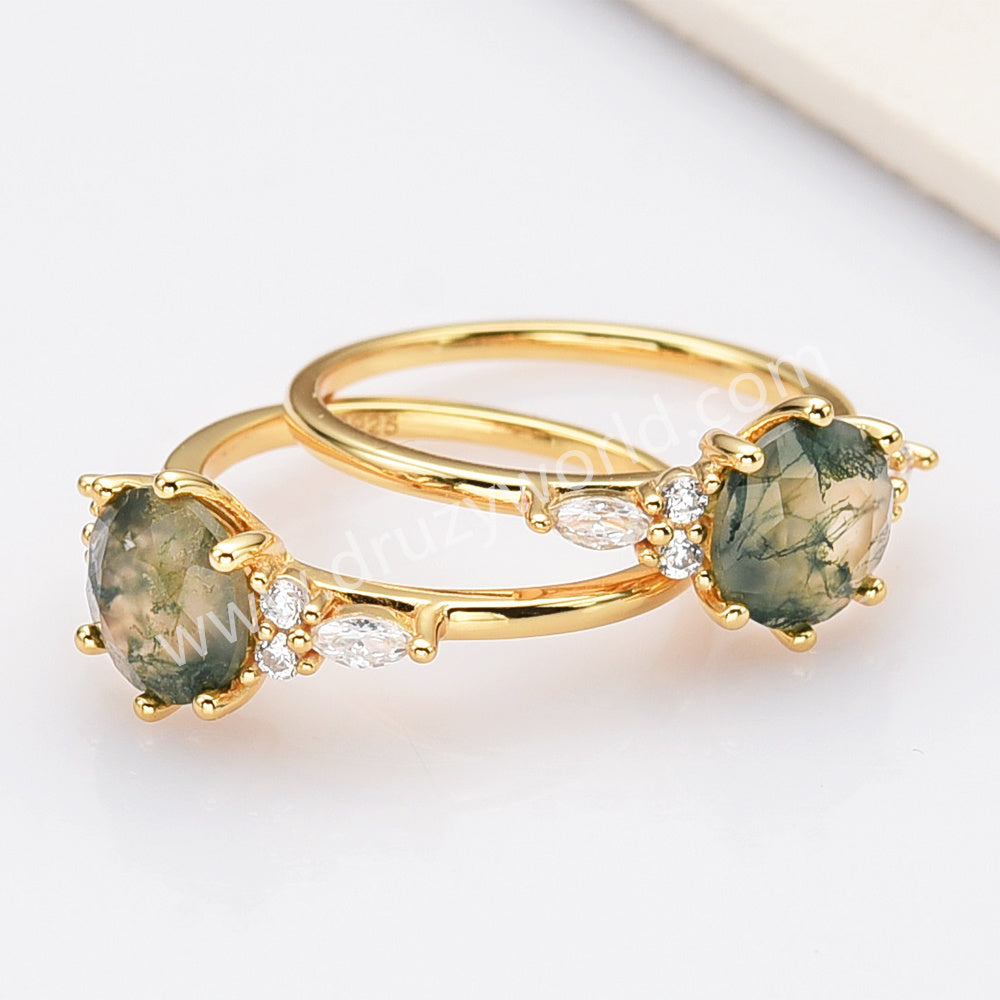 925 Sterling Silver Round Moss Agate Faceted CZ Ring, 18k Gold Plated SS281-1