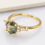 925 Sterling Silver Round Moss Agate Faceted CZ Ring, 18k Gold Plated SS281-1