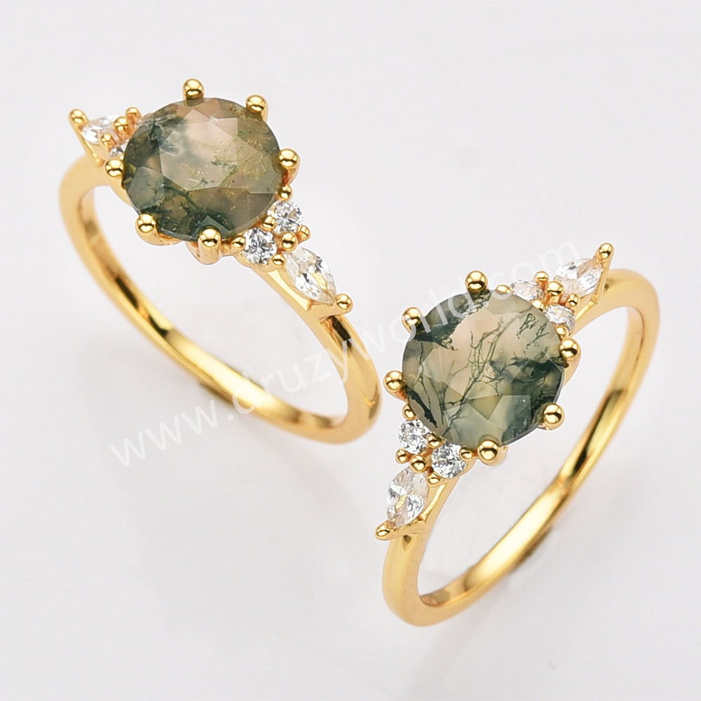 925 Sterling Silver Round Moss Agate Faceted CZ Ring, 18k Gold Plated SS281-1