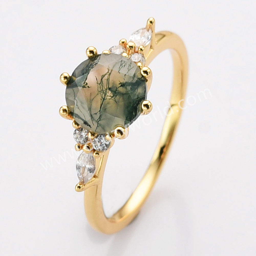 925 Sterling Silver Round Moss Agate Faceted CZ Ring, 18k Gold Plated SS281-1