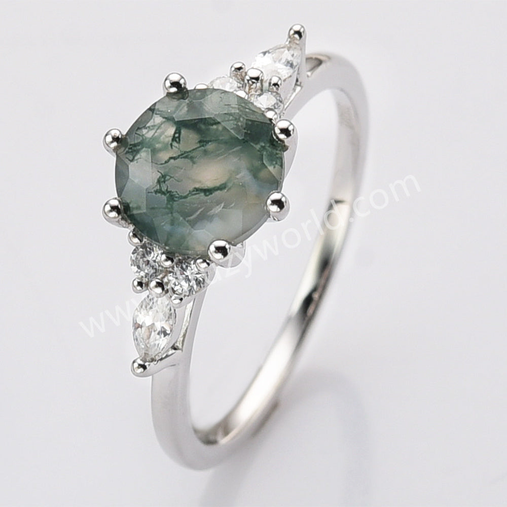 925 Sterling Silver Round Moss Agate Faceted CZ Ring SS281-2