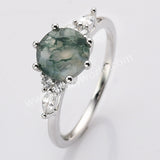 S925 Sterling Silver Six-Claw Round Cut Natural Moss Agate Faceted Ring CZ Ring For Women SS281-2