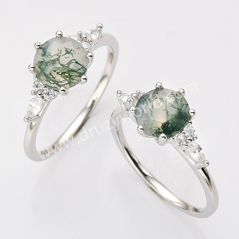 925 Sterling Silver Round Moss Agate Faceted CZ Ring SS281-2