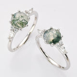 S925 Sterling Silver Six-Claw Round Cut Natural Moss Agate Faceted Ring CZ Ring For Women SS281-2