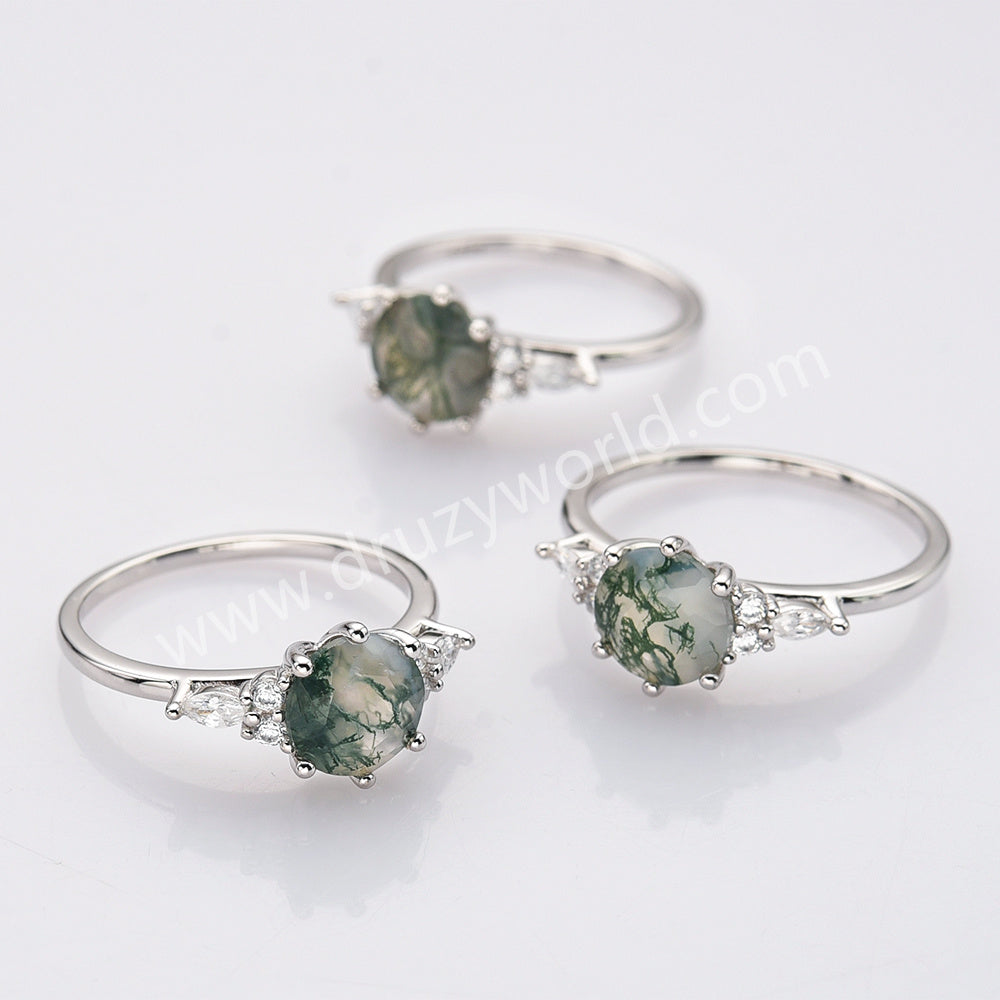 925 Sterling Silver Round Moss Agate Faceted CZ Ring SS281-2