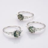 S925 Sterling Silver Six-Claw Round Cut Natural Moss Agate Faceted Ring CZ Ring For Women SS281-2