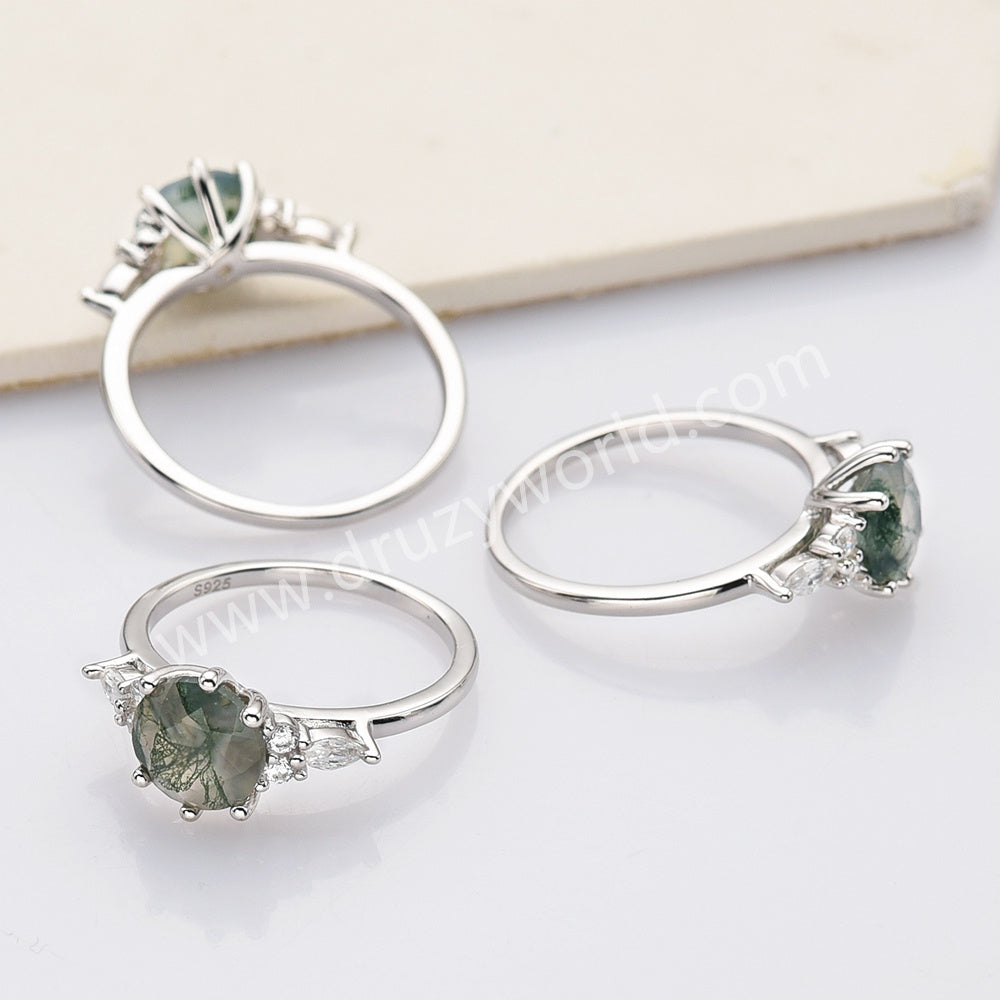 S925 Sterling Silver Six-Claw Round Cut Natural Moss Agate Faceted Ring CZ Ring For Women SS281-2