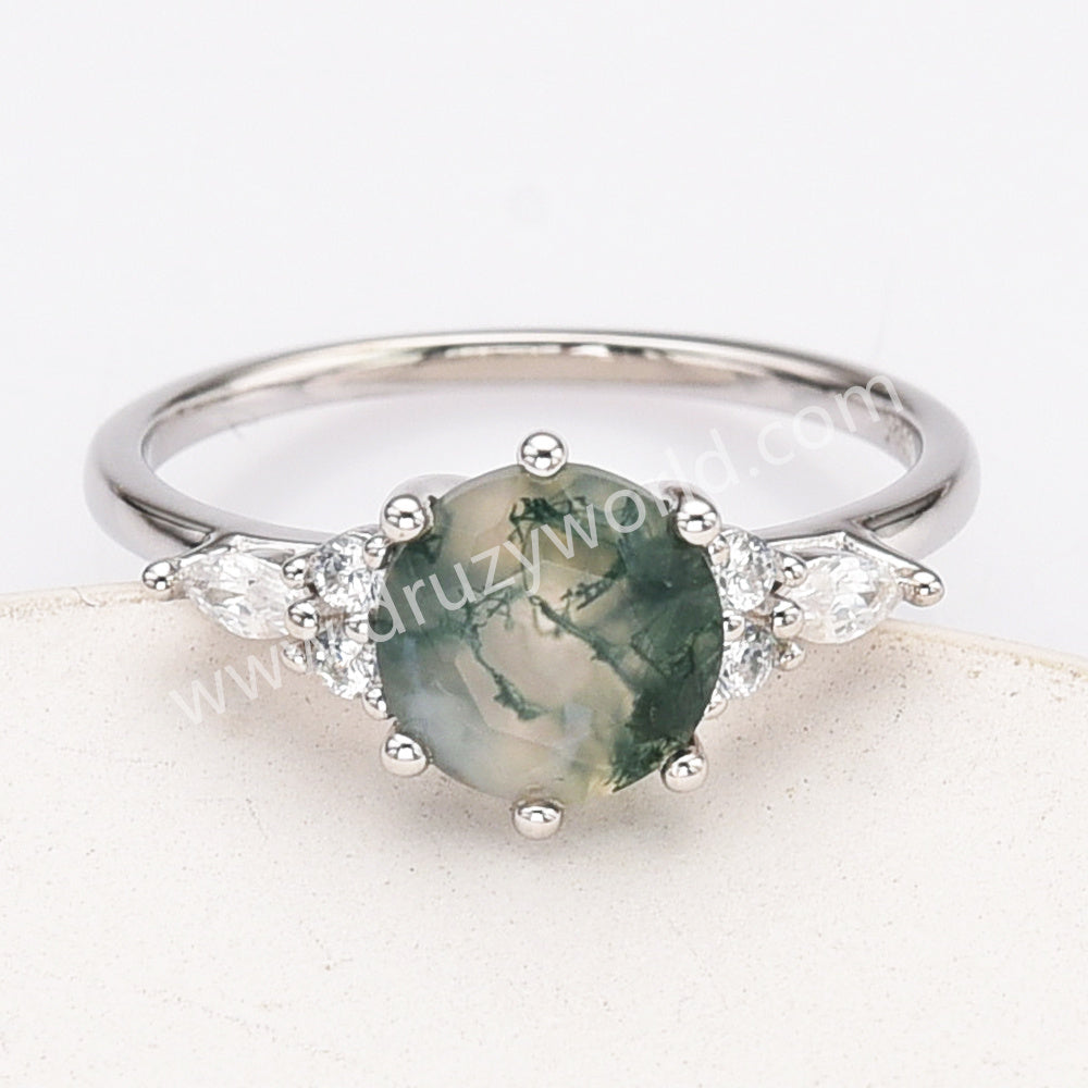 925 Sterling Silver Round Moss Agate Faceted CZ Ring SS281-2