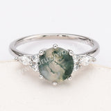 S925 Sterling Silver Six-Claw Round Cut Natural Moss Agate Faceted Ring CZ Ring For Women SS281-2