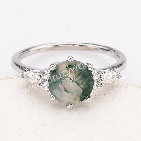 S925 Sterling Silver Six-Claw Round Cut Natural Moss Agate Faceted Ring CZ Ring For Women SS281-2