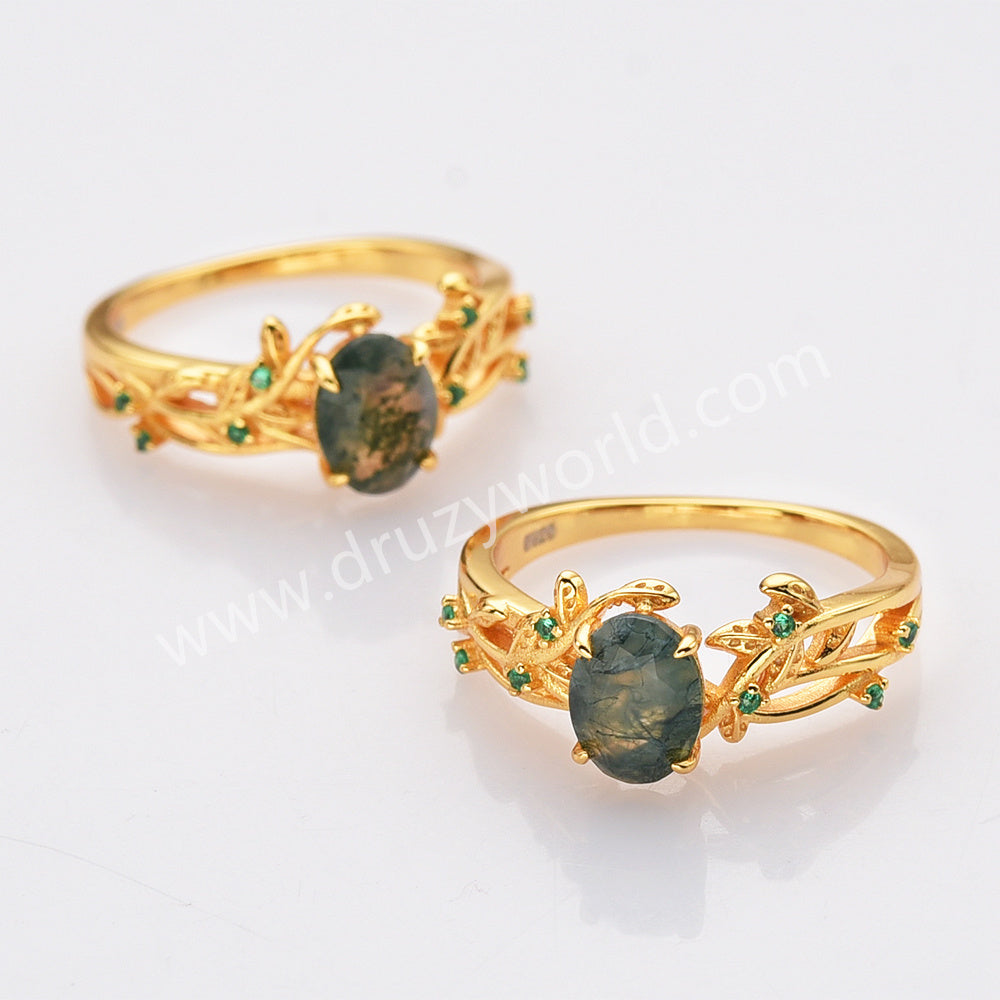 925 Sterling Silver Oval Moss Agate CZ Leaf Rings in Gold Plated SS282-1