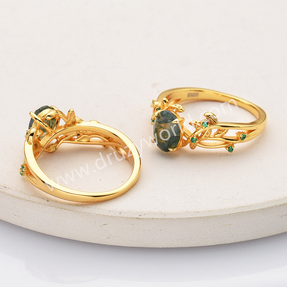 925 Sterling Silver Oval Moss Agate CZ Leaf Rings in Gold Plated SS282-1