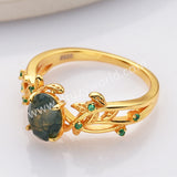 925 Sterling Silver 18K Gold Green CZ Leaf Oval Moss Agate Faceted Ring SS282-1