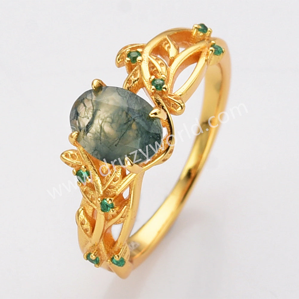 925 Sterling Silver Oval Moss Agate CZ Leaf Rings in Gold Plated SS282-1