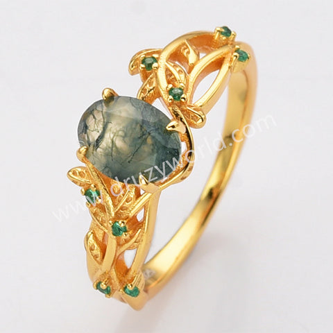 925 Sterling Silver 18K Gold Green CZ Leaf Oval Moss Agate Faceted Ring SS282-1