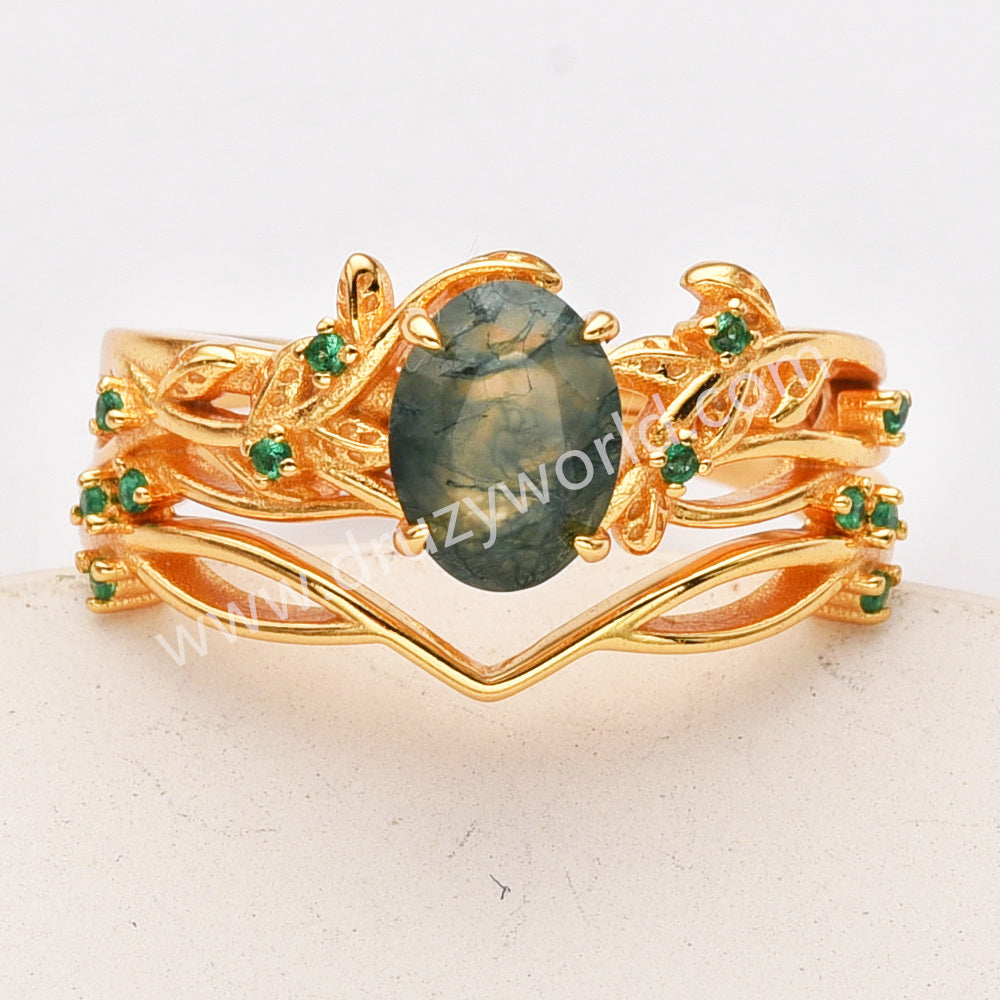 2 Pcs/Set of 925 Sterling Silver Oval Moss Agate CZ Leaf Rings in Gold Plated SS282-2