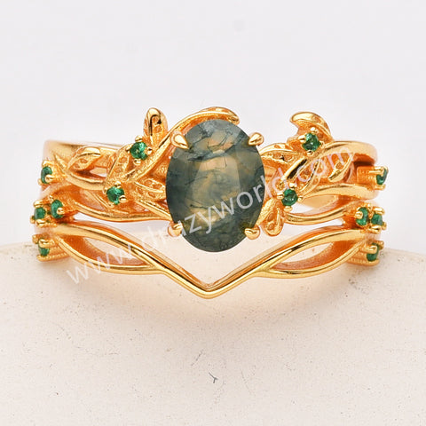 2 Pcs/Set of 925 Sterling Silver Gold Plated Green CZ Leaf Oval Moss Agate Rings SS282-2