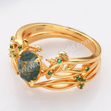 2 Pcs/Set of 925 Sterling Silver Gold Plated Green CZ Leaf Oval Moss Agate Rings SS282-2