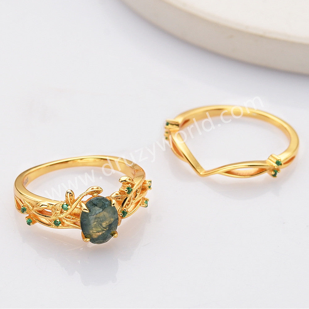 2 Pcs/Set of 925 Sterling Silver Oval Moss Agate CZ Leaf Rings SS282-2