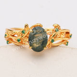 2 Pcs/Set of 925 Sterling Silver Gold Plated Green CZ Leaf Oval Moss Agate Rings SS282-2