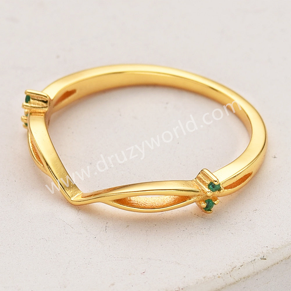 2 Pcs/Set of 925 Sterling Silver Gold Plated Green CZ Leaf Oval Moss Agate Rings SS282-2