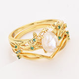 925 Sterling Silver Oval Moonstone Two Piece Set Rings in Gold Plated SS282RG