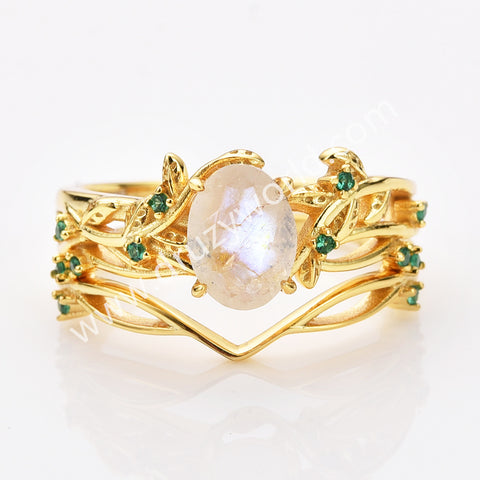 925 Sterling Silver Oval Moonstone Two Piece Set Rings in Gold Plated SS282RG