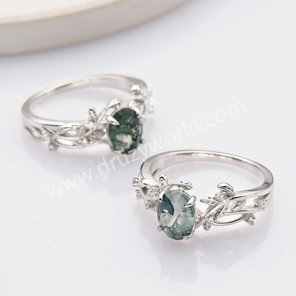 925 Sterling Silver White CZ Leaf Oval Moss Agate Ring SS283-1