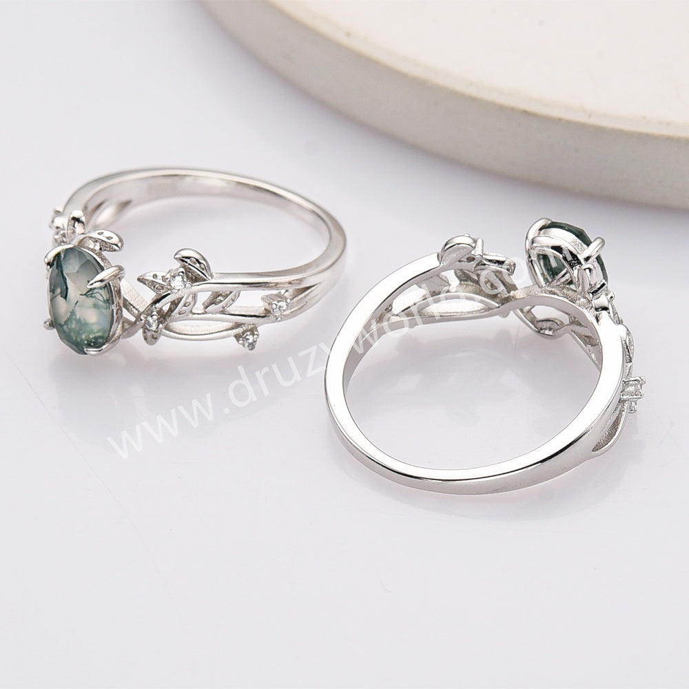 925 Sterling Silver Oval Moss Agate CZ Leaf Rings SS283-1