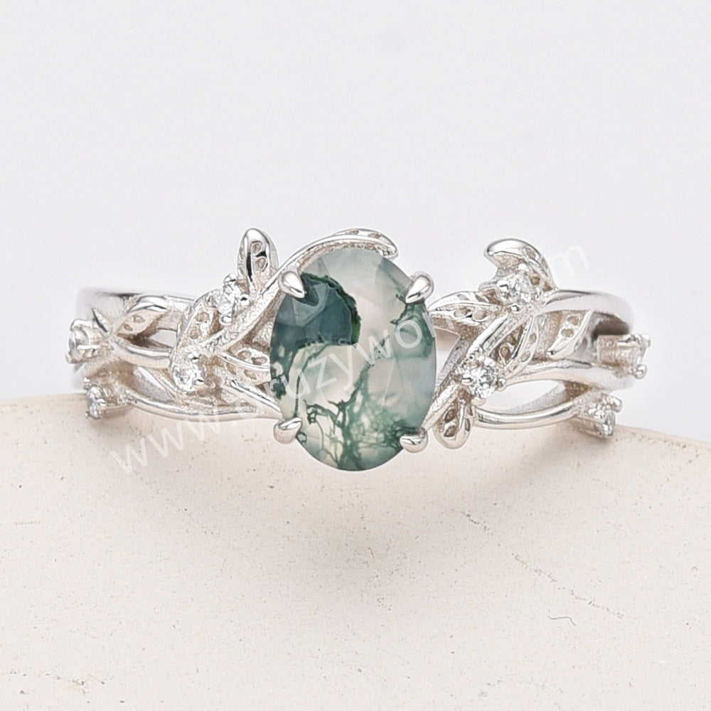 925 Sterling Silver Oval Moss Agate CZ Leaf Rings SS283-1