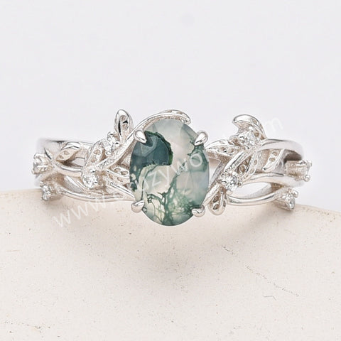 925 Sterling Silver White CZ Leaf Oval Moss Agate Ring SS283-1