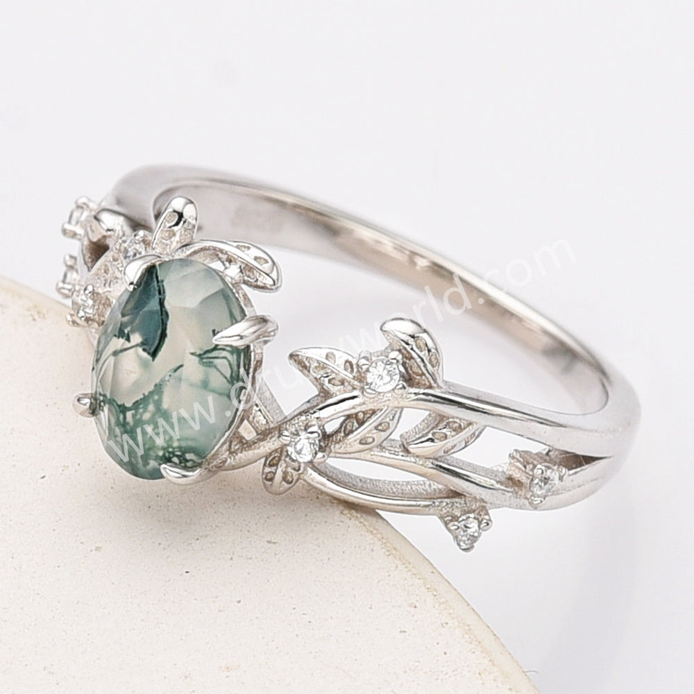 925 Sterling Silver Oval Moss Agate CZ Leaf Rings SS283-1