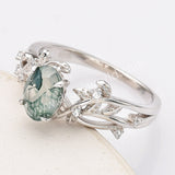 925 Sterling Silver White CZ Leaf Oval Moss Agate Ring SS283-1