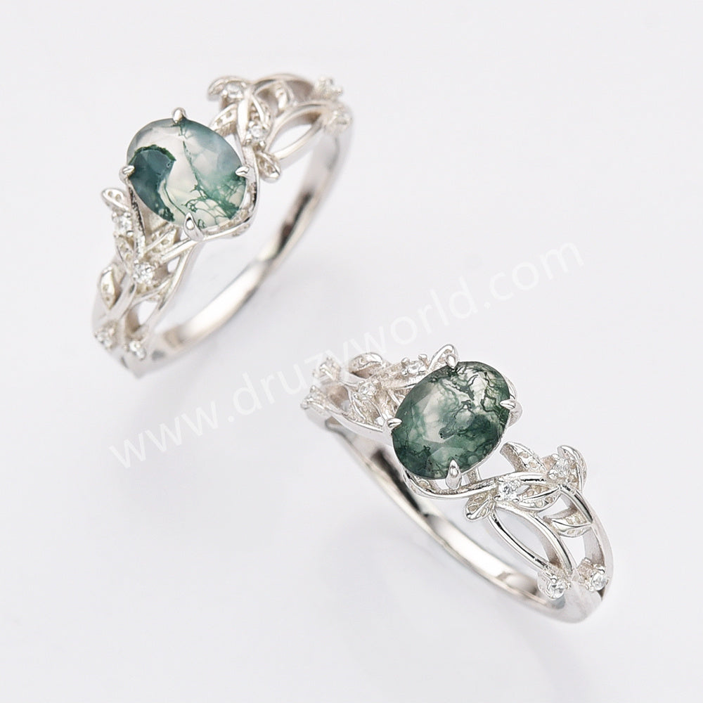 925 Sterling Silver Oval Moss Agate CZ Leaf Rings SS283-1