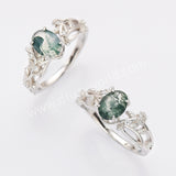 925 Sterling Silver White CZ Leaf Oval Moss Agate Ring SS283-1