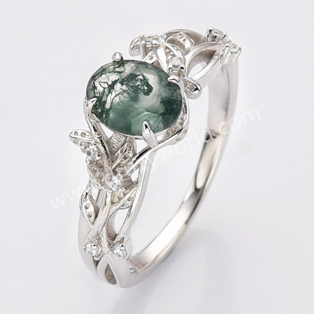 925 Sterling Silver Oval Moss Agate CZ Leaf Rings SS283-1