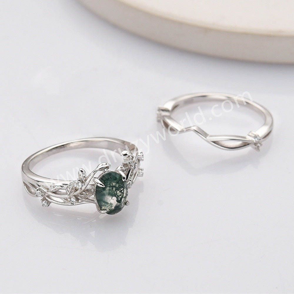 2 Pcs/Set of 925 Sterling Silver White CZ Leaf Oval Moss Agate Rings SS283-2