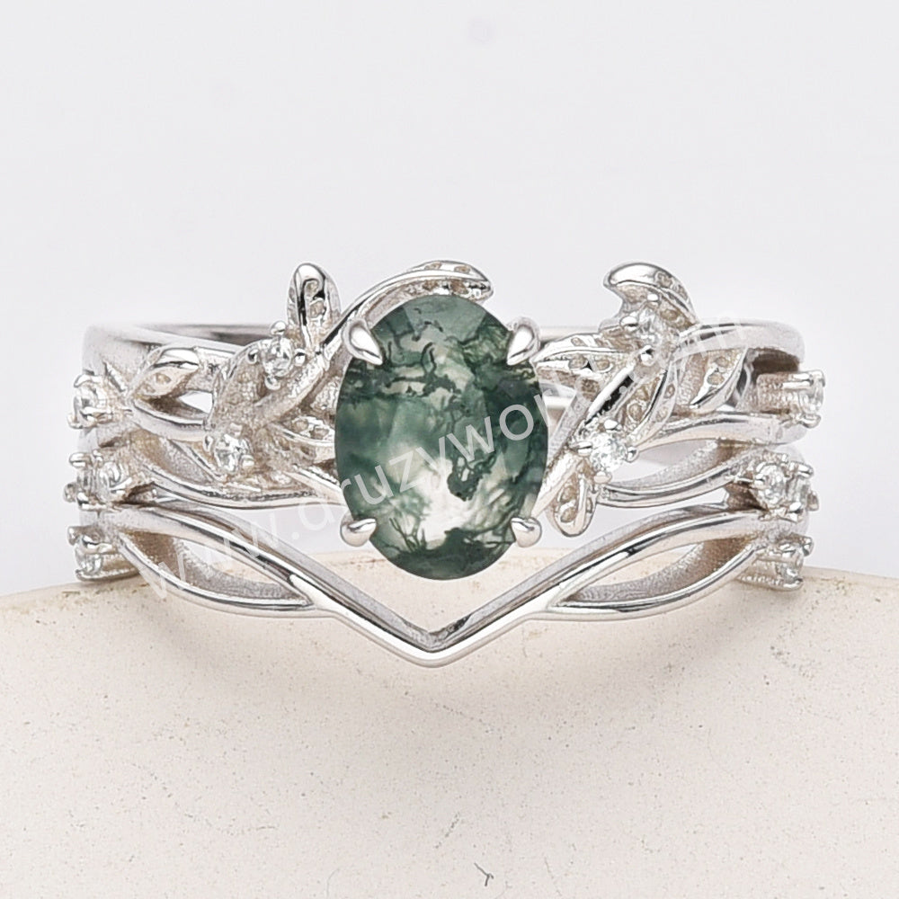 2 Pcs/Set of 925 Sterling Silver White CZ Leaf Oval Moss Agate Rings SS283-2