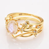 925 Sterling Silver Oval Natural Moonstone CZ Leaf Set Ring in Gold SS283RG