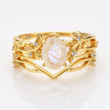 925 Sterling Silver Oval Natural Moonstone CZ Leaf Set Ring in Gold SS283RG