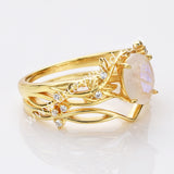 925 Sterling Silver Oval Natural Moonstone CZ Leaf Set Ring in Gold SS283RG