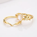 925 Sterling Silver Oval Natural Moonstone CZ Leaf Set Ring in Gold SS283RG