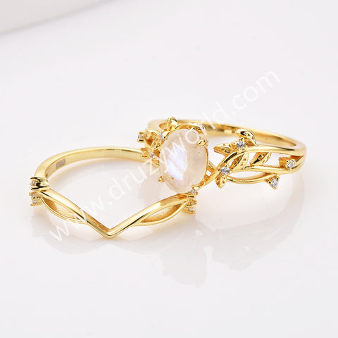 925 Sterling Silver Oval Natural Moonstone CZ Leaf Set Ring in Gold SS283RG