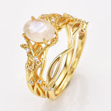 925 Sterling Silver Oval Natural Moonstone CZ Leaf Set Ring in Gold SS283RG