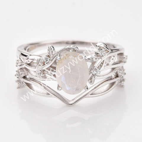 925 Sterling Silver Oval Natural Moonstone CZ Leaf Set Ring SS283RS
