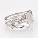 925 Sterling Silver Oval Natural Moonstone CZ Leaf Set Ring SS283RS