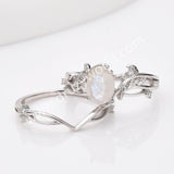 925 Sterling Silver Oval Natural Moonstone CZ Leaf Set Ring SS283RS